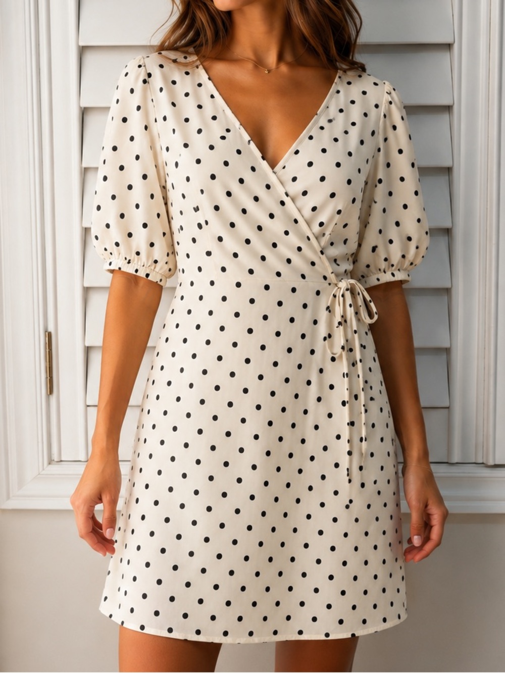 Polka Dot Wrap Mini Dress in Cream
